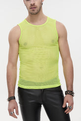 T-shirt gothique sans manches pour homme en maille de filet à rhombes, perspective élasticité jaune